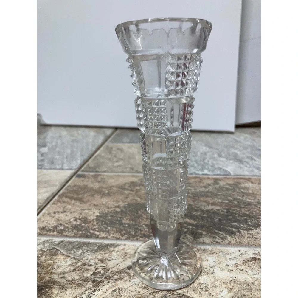 Vintage Clear Glass Bud Vase Hobnail Diamond Cut Geometric Starburst Base 6.5